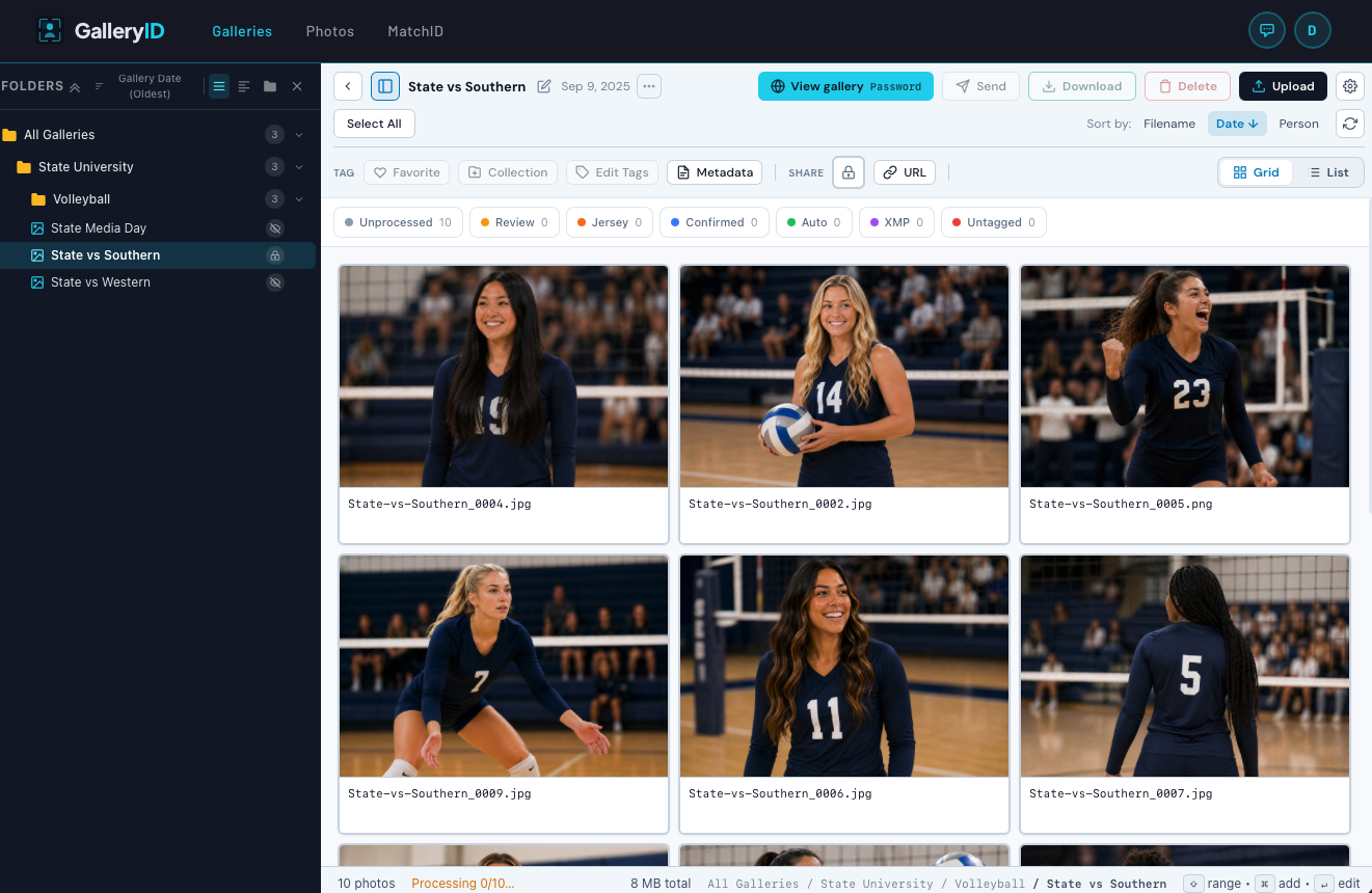 A gallery before MatchID has run: photos in the grid, nothing processed yet