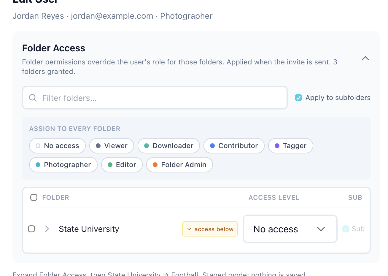 Folder Access in Edit User: the filter box, Apply to subfolders, the Assign to all folders role chips, and a root folder row reading access below with No access and Sub