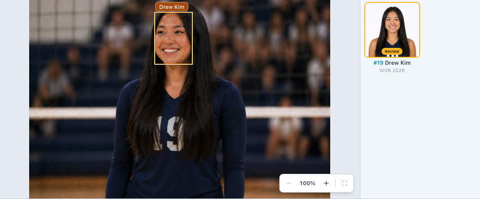 A pending match: the roster thumbnail beside the detected face