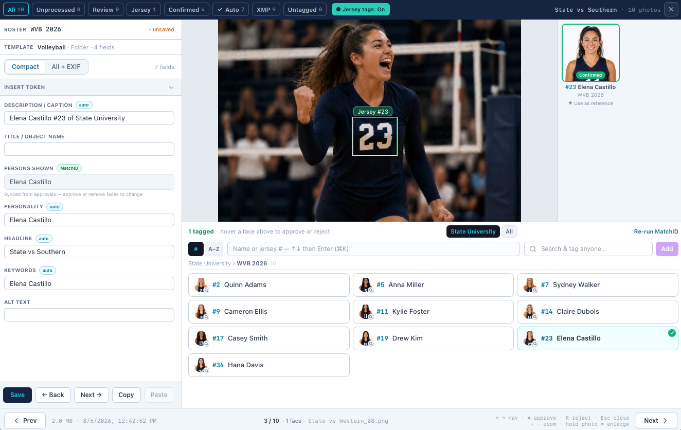 The review modal: metadata fields on the left, the photo with face boxes in the middle, matches and the roster below