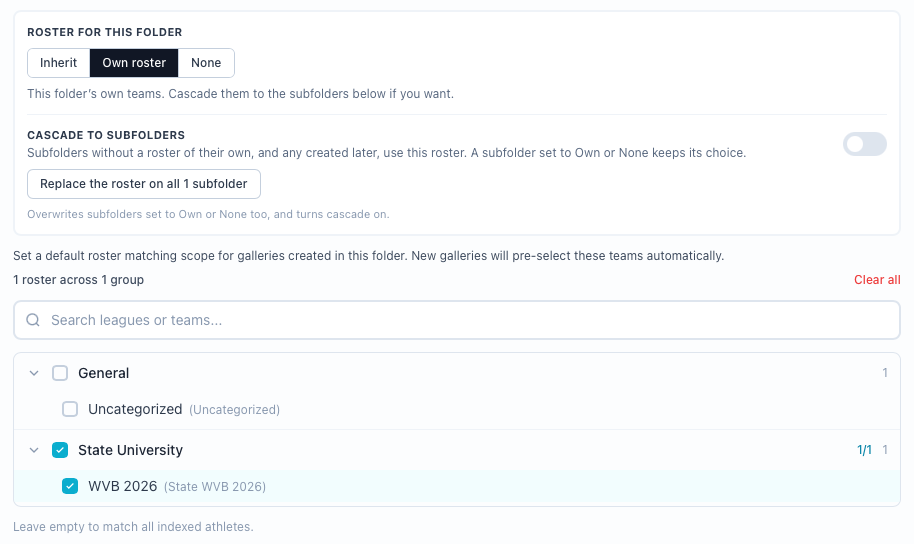 Own roster on a folder, with the cascade switch for the subfolders below it