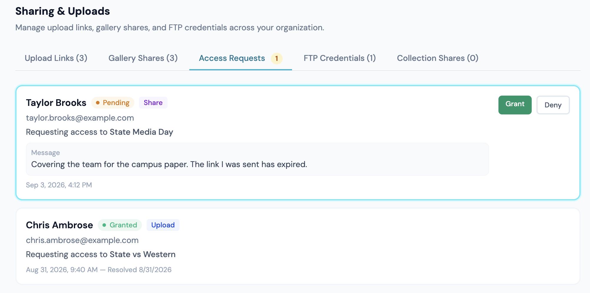 The request lands in Access Requests on the Org Dashboard, where it can be granted with a new expiry or denied