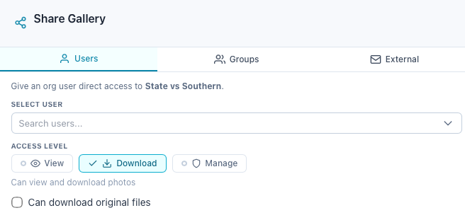 Share Gallery has three tabs: Users and Groups inside your organization, External for a link